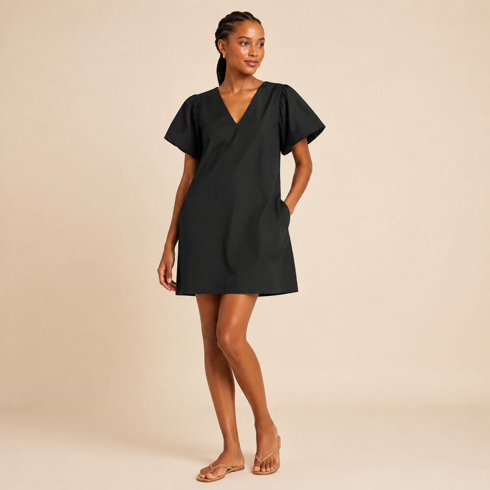 Madewell Dress WMNS XXS Black V Neck Mini Puff Sleeve Cotton Modern Minimalist